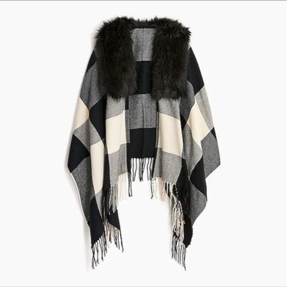 NWT J. Crew Factory Women's One Size Faux-Fur Plaid Cape Poncho - Picture 1 of 13